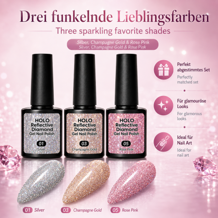 Preview: 3er UV Nagellack Set - Nail Polish Holo Diamond Glitter